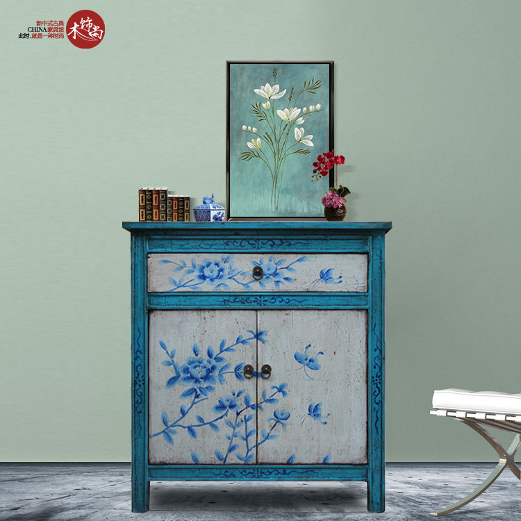 Wood decoration Shangxin Chinese Classical Furniture Solid Wood Hand-painted Shoe Cabinet Door Hall Cabinet living room cabinet Foreign trade Export imitation ancient as old