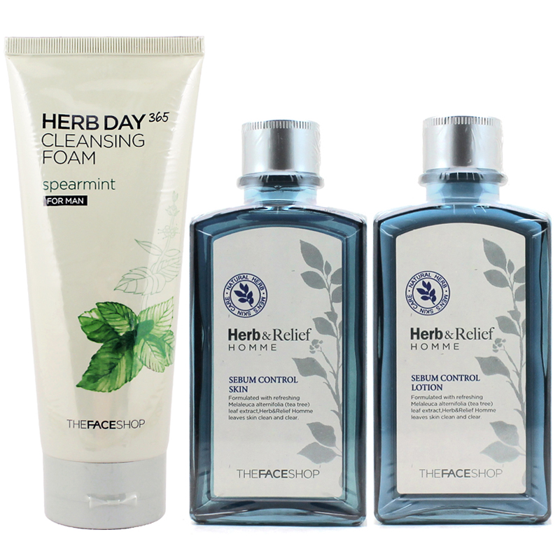 菲诗小铺The Face Shop男士薄荷洗面奶控油水乳三件套装控油保湿