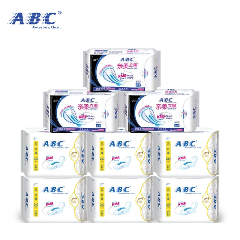 ABC纤薄卫生巾日用6包+亲柔立围防侧漏夜用3包组合棉柔亲肤包邮