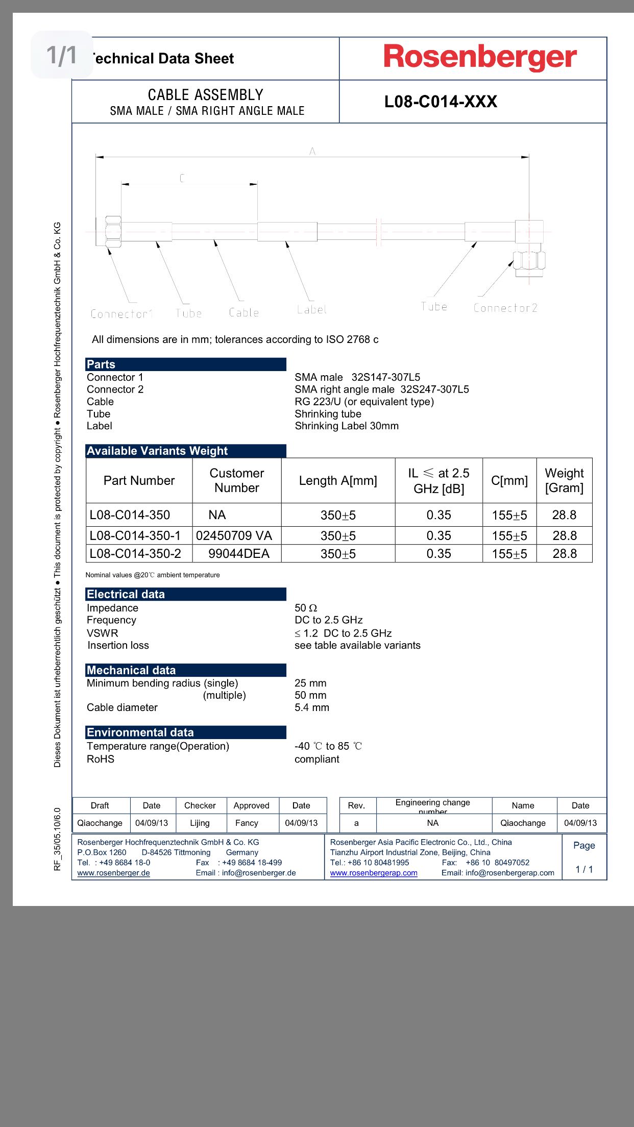 L08-C014-350 Rosenberger Rosenberger Radio Frequency Line of the L08-C014-350 Rosenberger