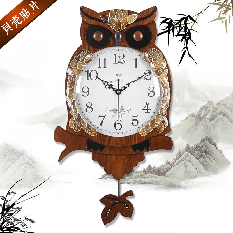 TQJ Eurostyle Wood Living Room Hung Clock Cartoon Owl Quartz owl quartz clock Table clock Bedroom mute swinging hanging table