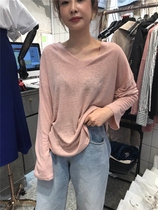 South Korea Dongdaemun Womens dress 2019 Spring paragraph Jian Yosun Loose Pure color V neckline head Long sleeve T-shirt woman