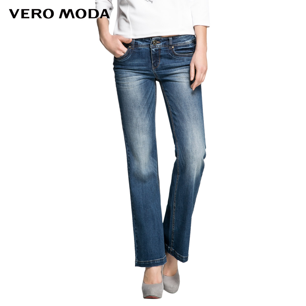Vero Moda猫须磨白喇叭脚口牛仔裤|315132030