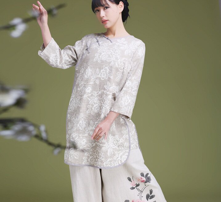 2018春夏新款女装民族风复古印花亚麻斜襟盘扣七分袖中长衬衫上衣