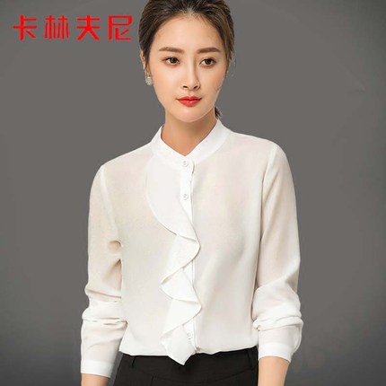 卡林夫尼纯色雪纺衫长袖2018新款女衬衫修身