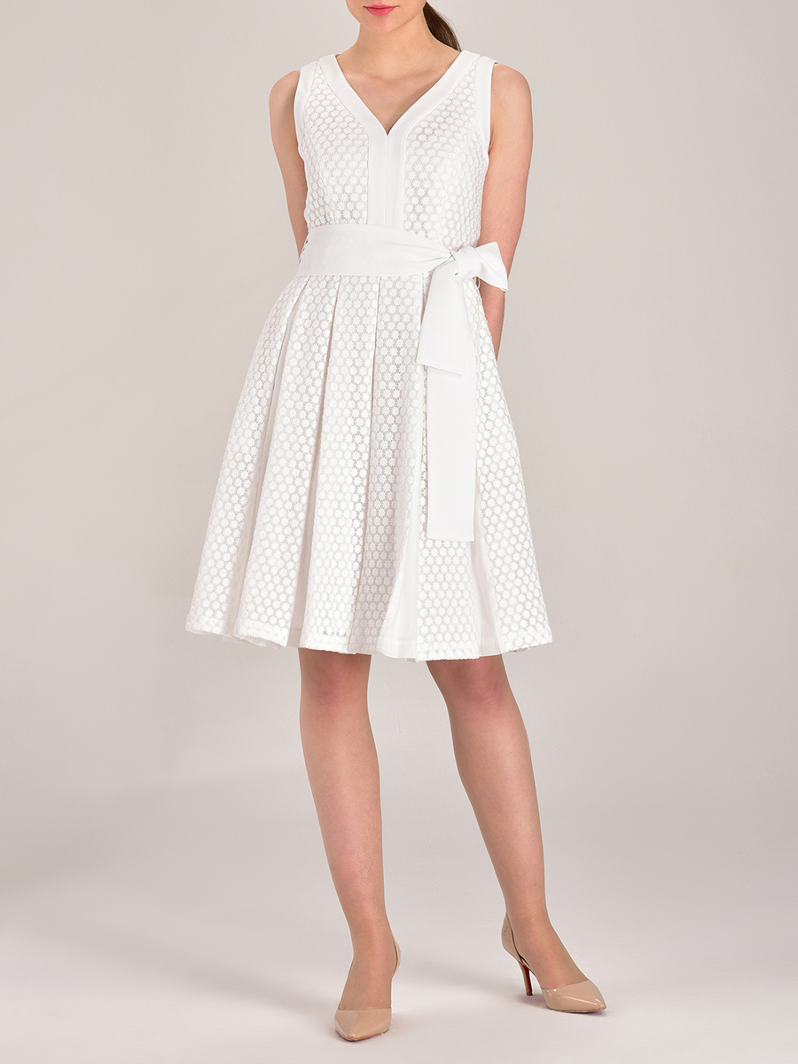 JESSICA 白色刺绣褶裥收腰连衣裙