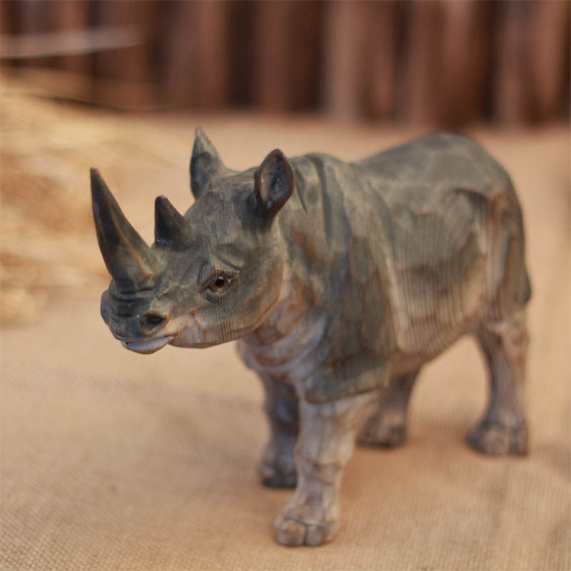 Solid wood craft animal rhino hand-carved old wood carving custom feng shui decoration Nordic living room simple and creative