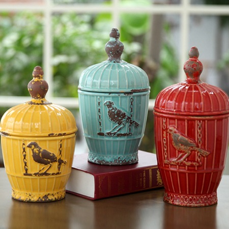 French country ceramic decorative storage tank retro old rust iron mottled bird embossed colored glaze storage tank
