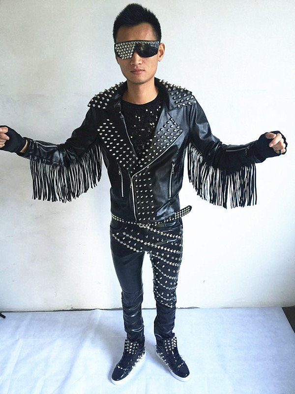 Rock Punk Leather Tassel Band Singer Performance Outfit Hairstylist Black Slim Long-Sleeved Leather Suit Men's Trendy