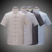 Tang phù hợp với nam ngắn tay trung niên cotton và lanh Tang phù hợp với nam ngắn tay nam đứng cổ áo Hanfu quốc phục cha tải