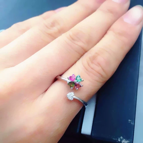 Натуральная инкрустация камня, турмалиновое модное универсальное кольцо, серебро 925 пробы, четырехлистный клевер, в корейском стиле