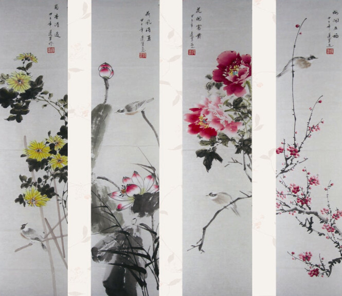 Four Screen State Painter Flowers Birds Paintings of the Beauty Association Pure Hand Painted Ink Painting of the Living Living Room Book Painter The Name of the Calligraphy Works