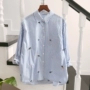 Mùa xuân và mùa hè của phụ nữ mới sọc xanh trắng mới giặt lỏng áo thêu cotton nhỏ đầy đủ áo sơ mi nữ chạm đáy Han Fan trang phục công sở nữ đẹp