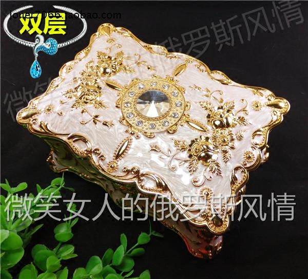 Russian R3 silver tin metal jewelry first decorated box sunflower angle rectangular double layer large round diamond beige thick and heavy