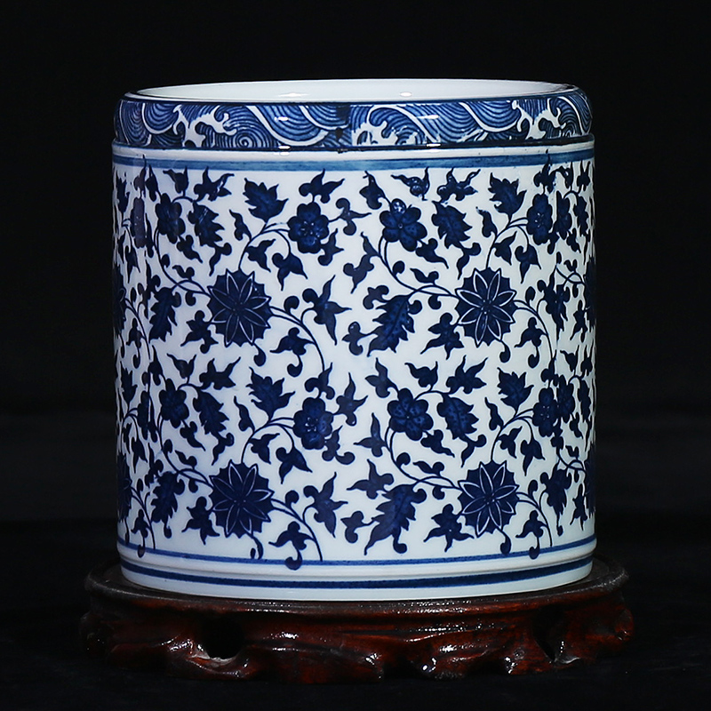 Jingdezhen blue and white porcelain ceramic vase bound branch lotus study classical household brush pot office handicraft furnishing articles