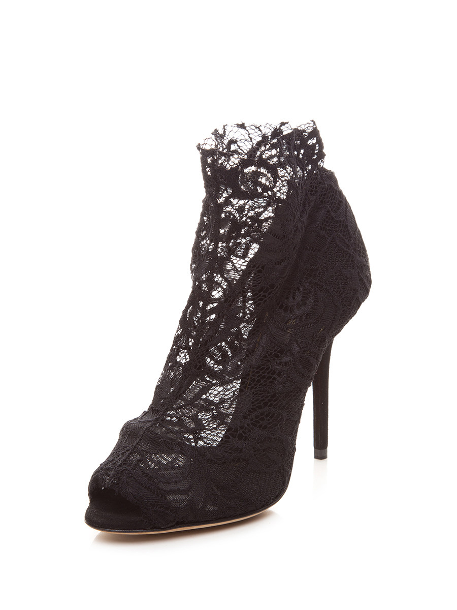 Dolce&Gabbana 黑色蕾丝拼贴露趾高跟短靴