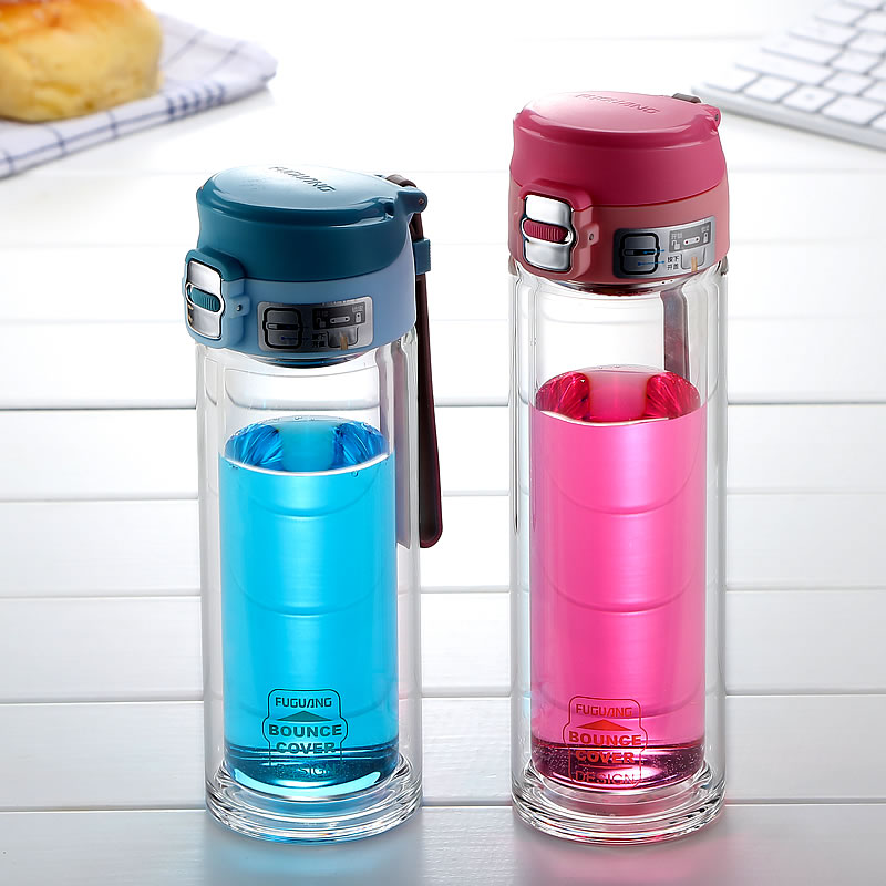 Fuguang double-layer glass One-button open car creative sports Portable with lid for men and women to make tea cup Korean style