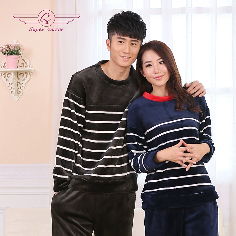 CY mùa thu và mùa đông vài bộ đồ ngủ san hô nhung phụ nữ dày vải nỉ pyjama nam cổ tròn dài tay dịch vụ tại nhà phù hợp với phụ nữ - Cha mẹ và con