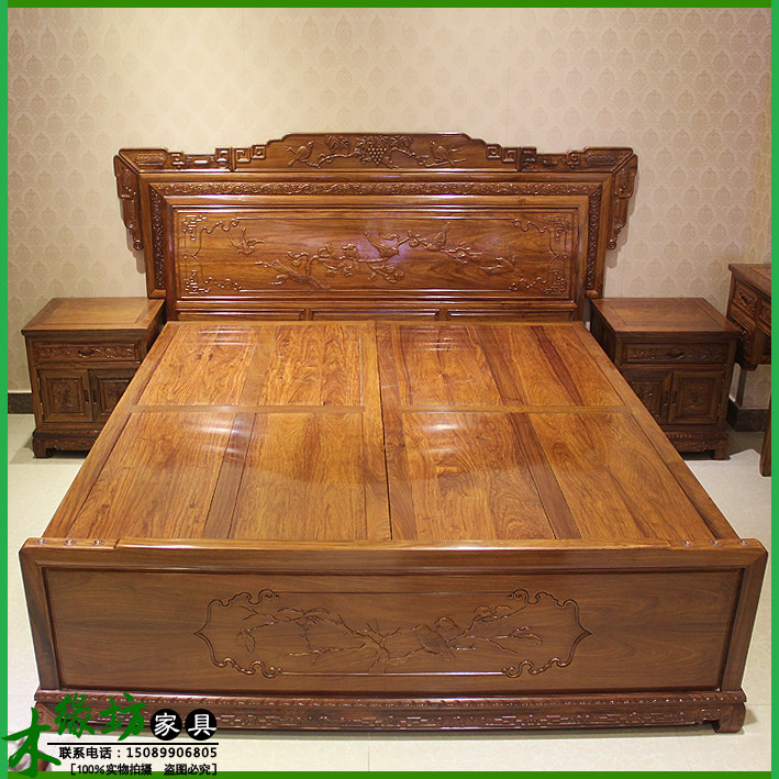 Red Wood Double People's Bed Solid Wood Africa Yellow Flower Pear Flowers Birds Large Bed 100% Positive Hedgehog Purple Sandalwood Double Bed