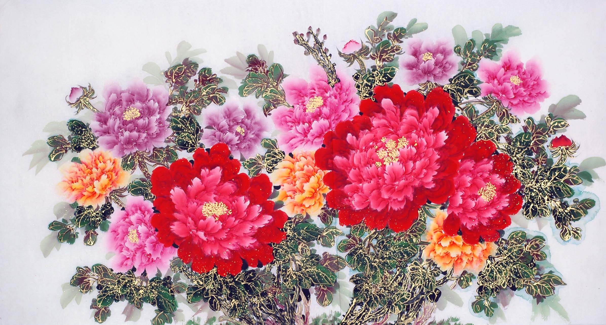墨砚斋】萧子贤大六尺中国画写意花鸟金线牡丹－花开富贵XZ282