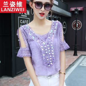 2018 mùa hè mới của phụ nữ lỏng lẻo off-the-vai áo ren voan áo tím sequins V-Cổ ngắn tay áo đa năng thủy triều