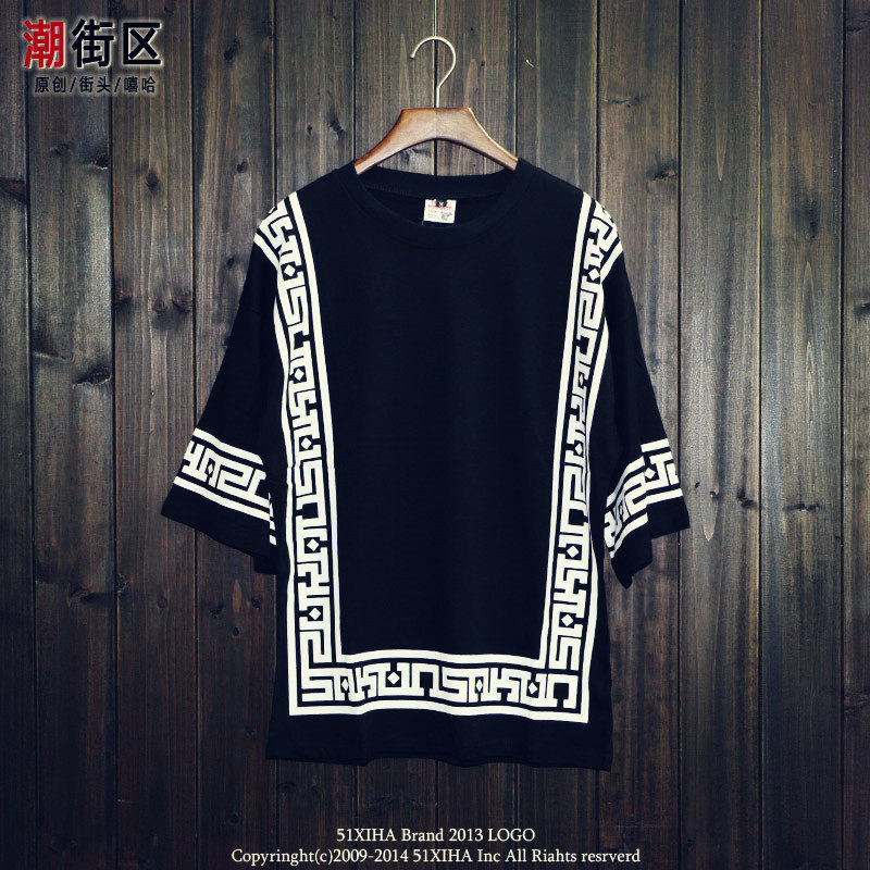 西海岸嘻哈男装 潮流欧美民族风印花BBOY宽松街舞服装个性七分袖T