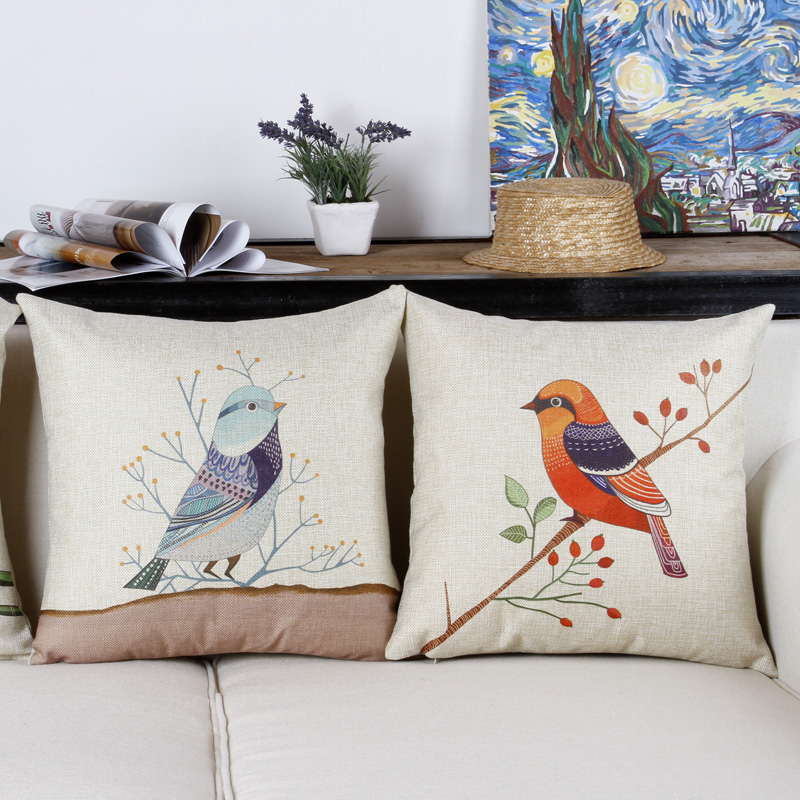 Exclusive Hand-painted Oil Painting Bird Newlywed Gift Cotton Linen Pillow Cover Sofa Cushions Leaning on Bag Nap Pillow Square Ram Headbed Pillow