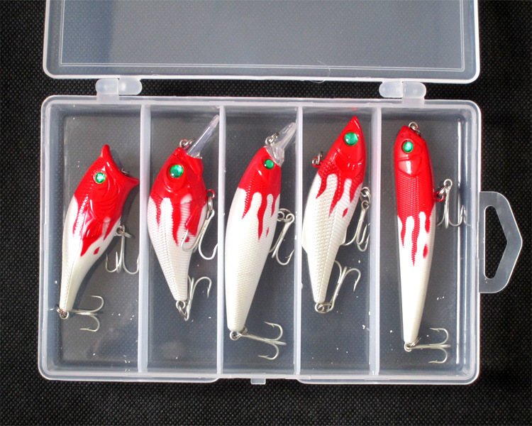 New product promotion 5 packs of red head and white body lure hard bait set with transparent lure box bait fake bait super easy to use