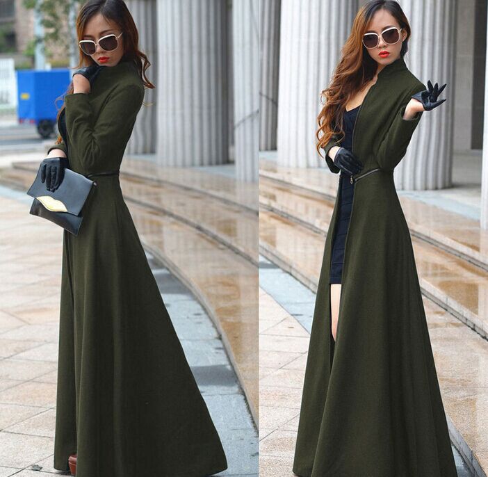 2019 European and American Autumn and Winter New Style Slim Fit, Large Hem, Slit, Floor-Length, Extra-Long Woolen Stand-Up Collar Coat and Trench Coat