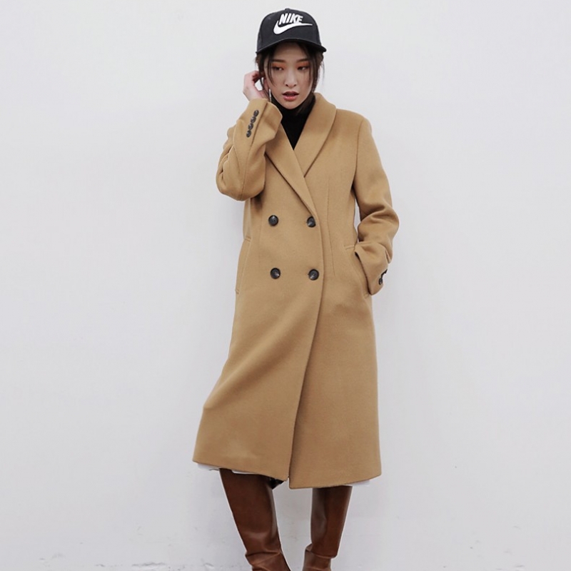 韩国stylenanda官方正品 知性风纯色翻领长版大衣-米色