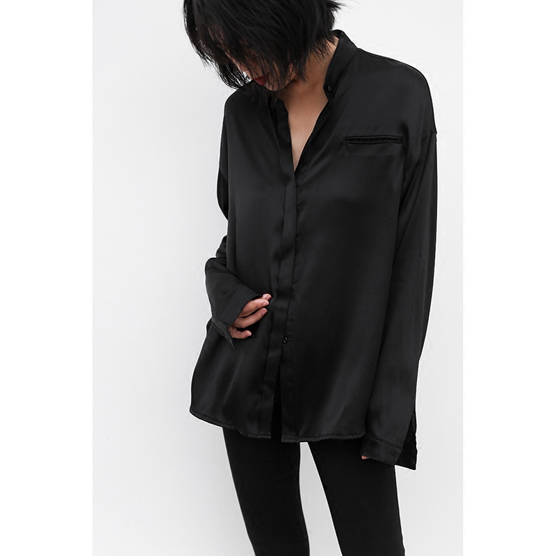 Juzinine Original Design Thin Mulberry Silk Black Minimalist Long-Sleeve Shirt with Stand Collar, Loose Fit for Women, Bf Style