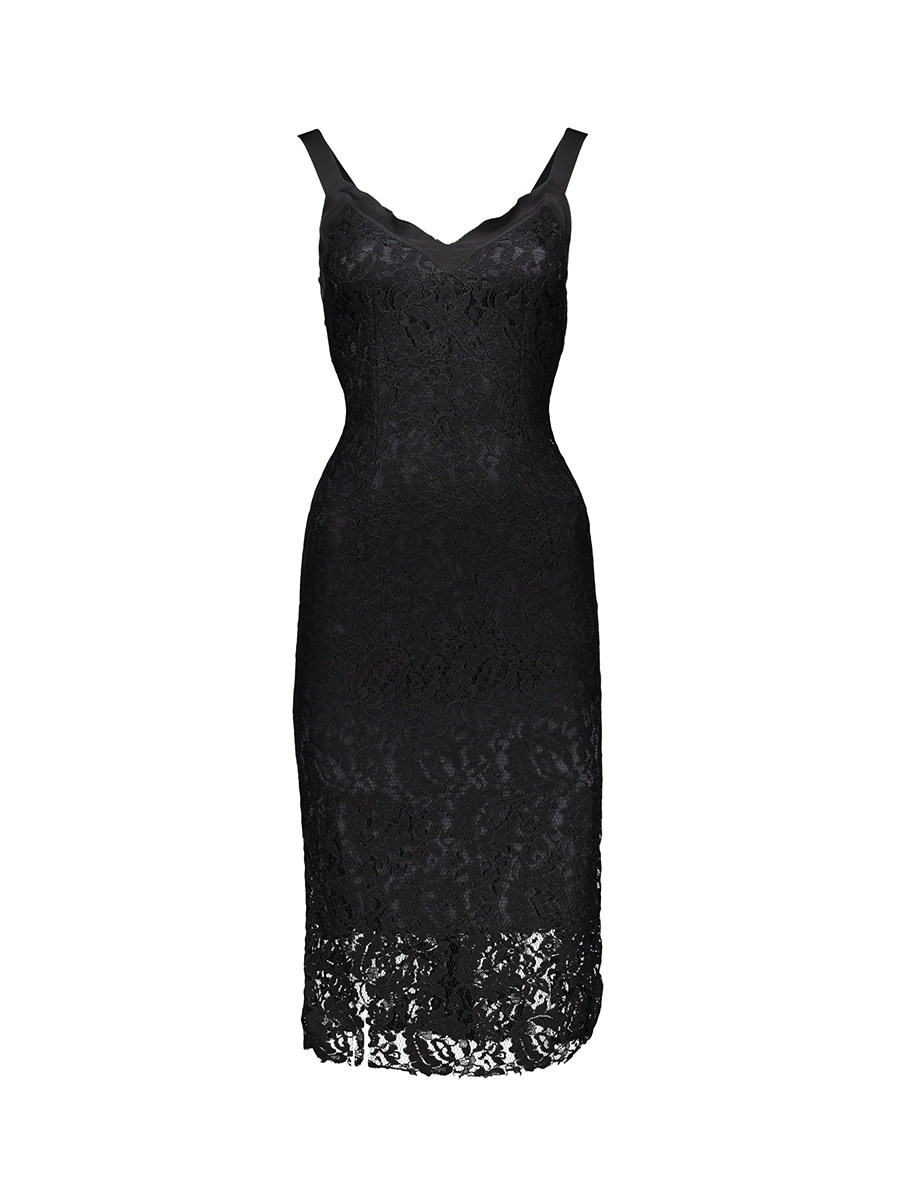 Dolce&Gabbana 黑色V字领吊带镂空蕾丝连衣裙