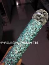 Bar nightclub blue glass flash diamond singer host diamond-encrusted rhinestone microphone cover performance microphone cover