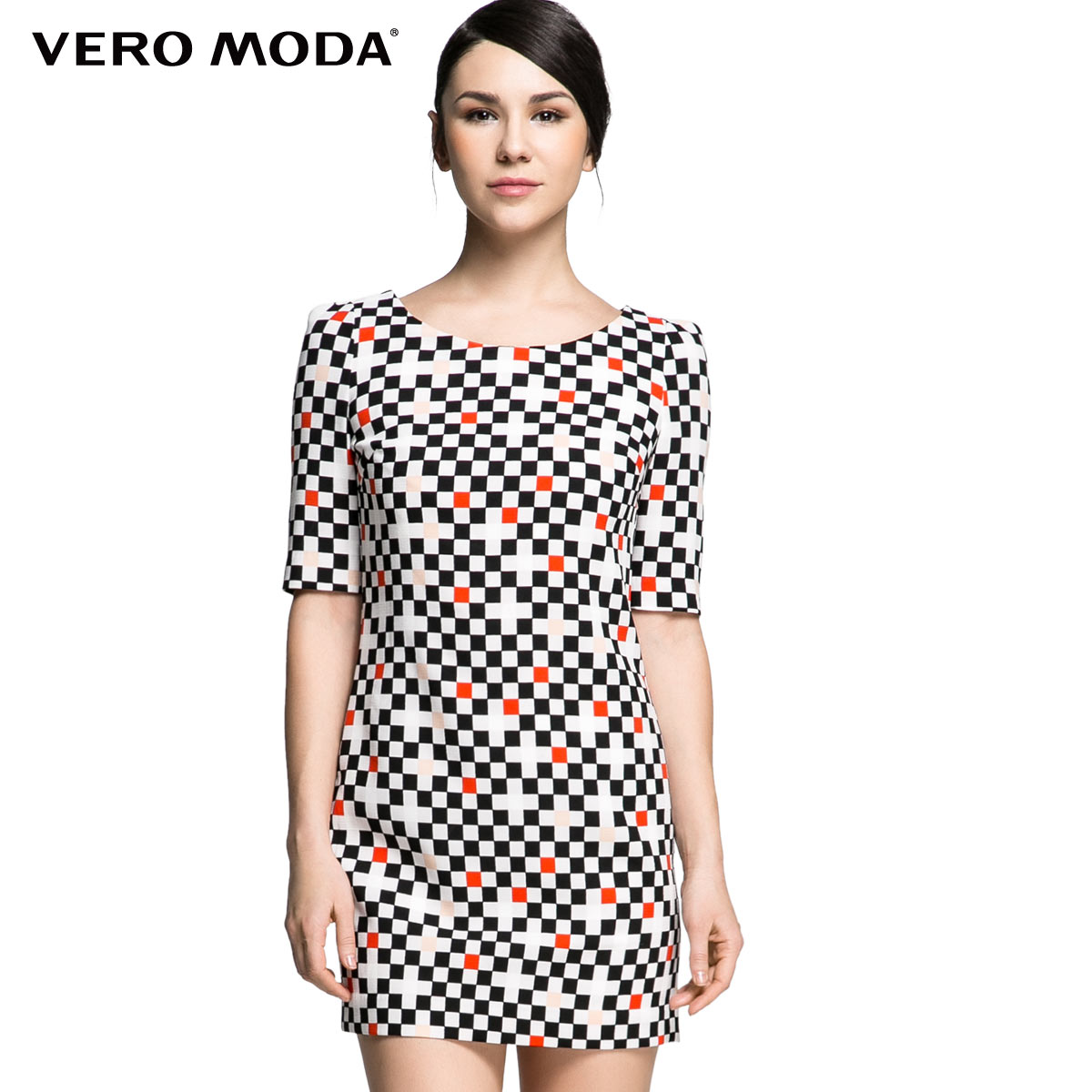 Vero Moda垂感圆领立体肩部格纹连衣裙|315107061