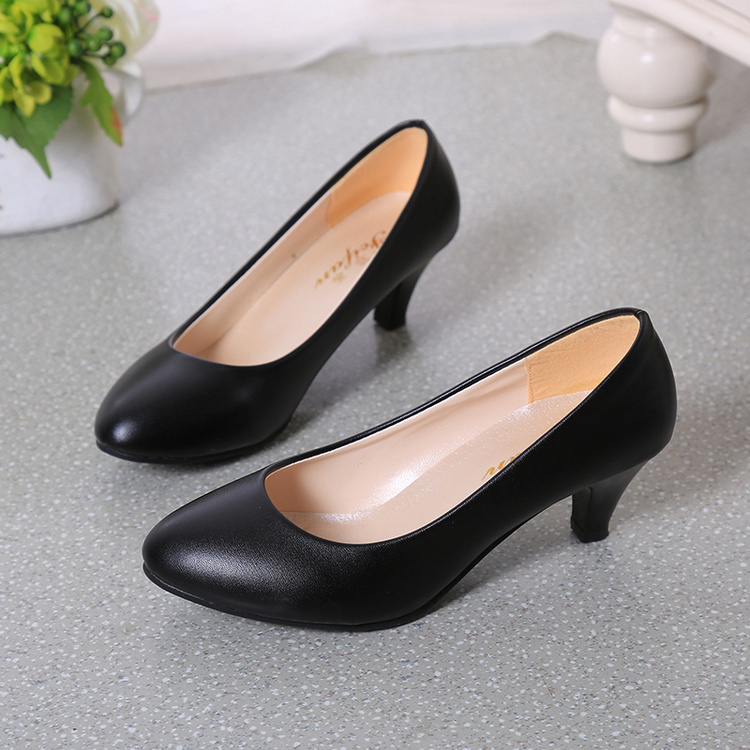 Four-Season Shoes, Spring and Summer Versatile Single Shoes for Women, Professional Black and White Work High Heels, Mid-Heels, Patent Leather Women's Leather Shoes