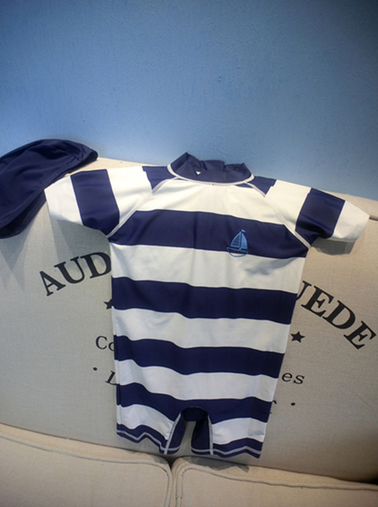 New kids swimsuit boys boys baby striped sailboat quick dry anti-UV sunscreen one-piece surf suit tide