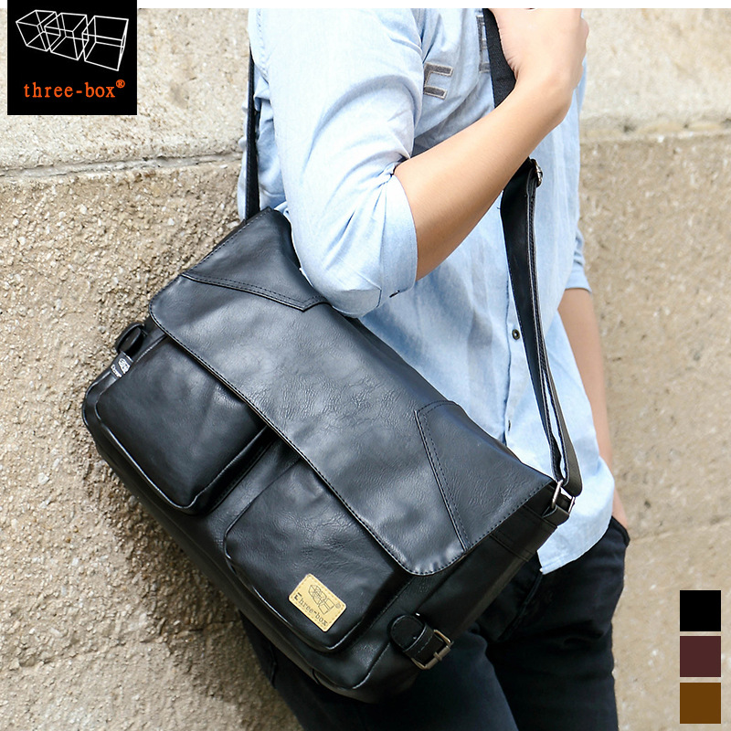 Retro Male Leather Bag Cross Section Flip Single Shoulder Bag Japan-Japan Wave Student School Bag brief Shoulder Bag Men's Large Capacity Bag