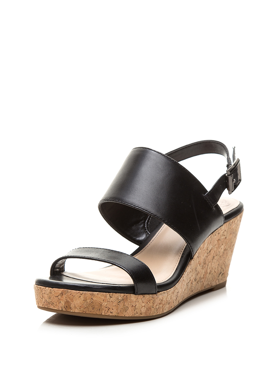 VINCE CAMUTO 黑色一字带木纹厚底坡跟凉鞋