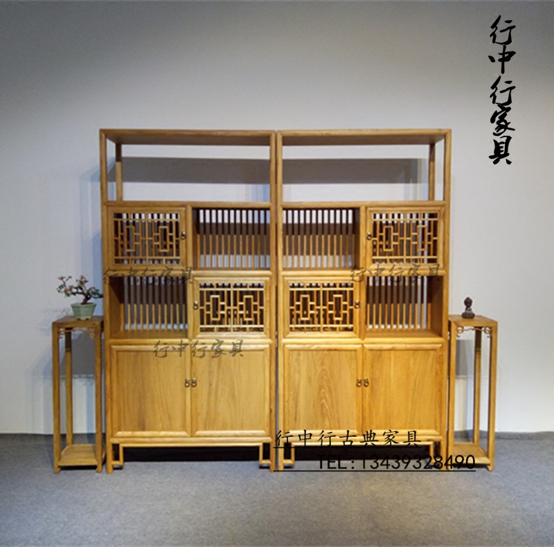 New Chinese-style bookshelf with door Bogu shelf paint-free old elm bookcase display cabinet multi-functional solid wood display cabinet shelf