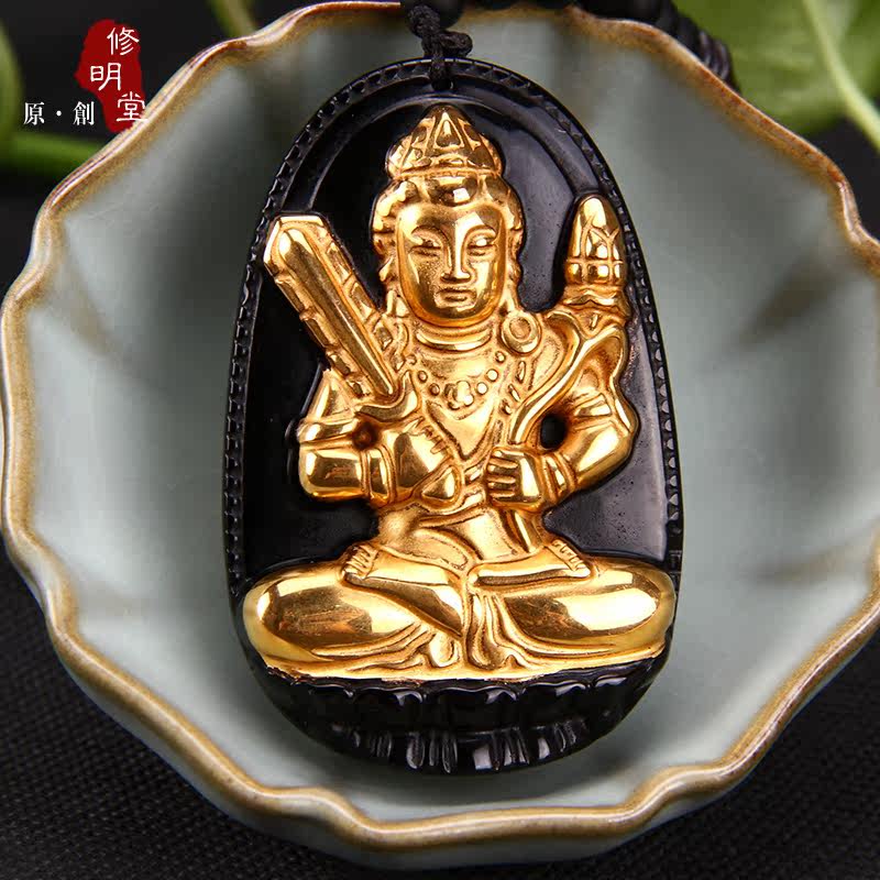 修明堂 包邮开光 黄金黑曜石本命佛 生肖守护神吊坠 本命年饰品