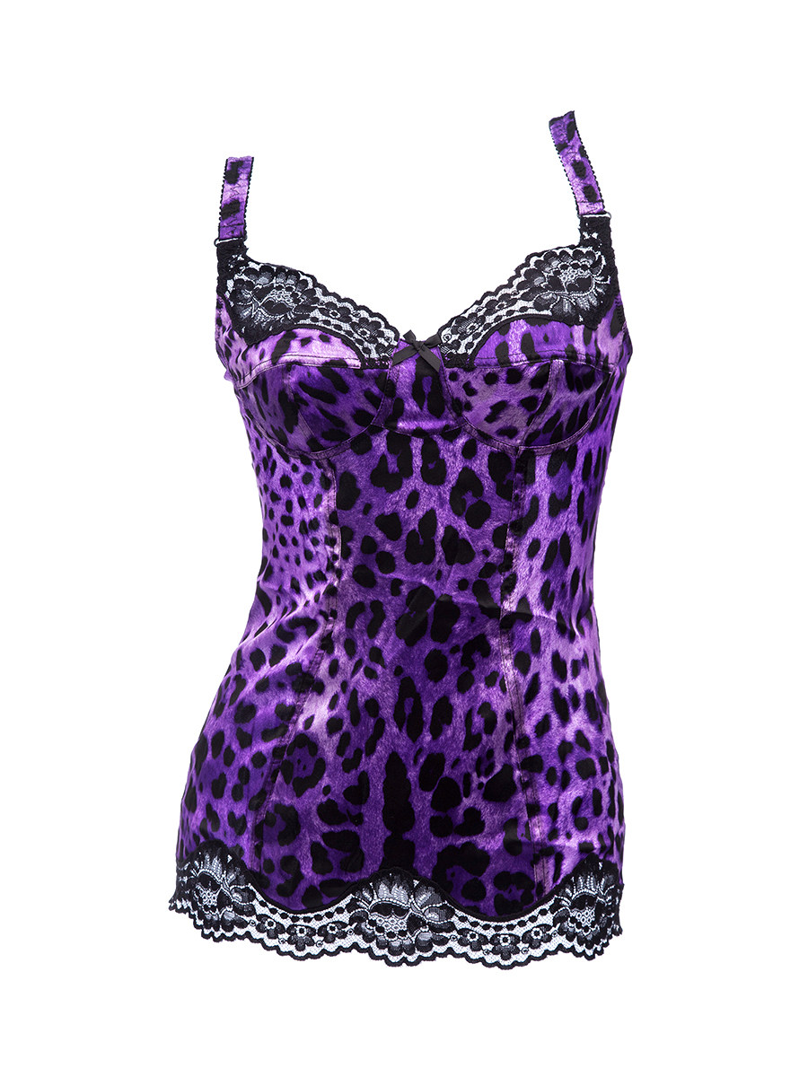 Dolce&Gabbana 紫拼黑豹纹蕾丝点缀修身吊带睡裙