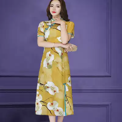 Chinese style celebrity temperament cheongsam skirt 2019 summer new female slim print medium and long version split dress