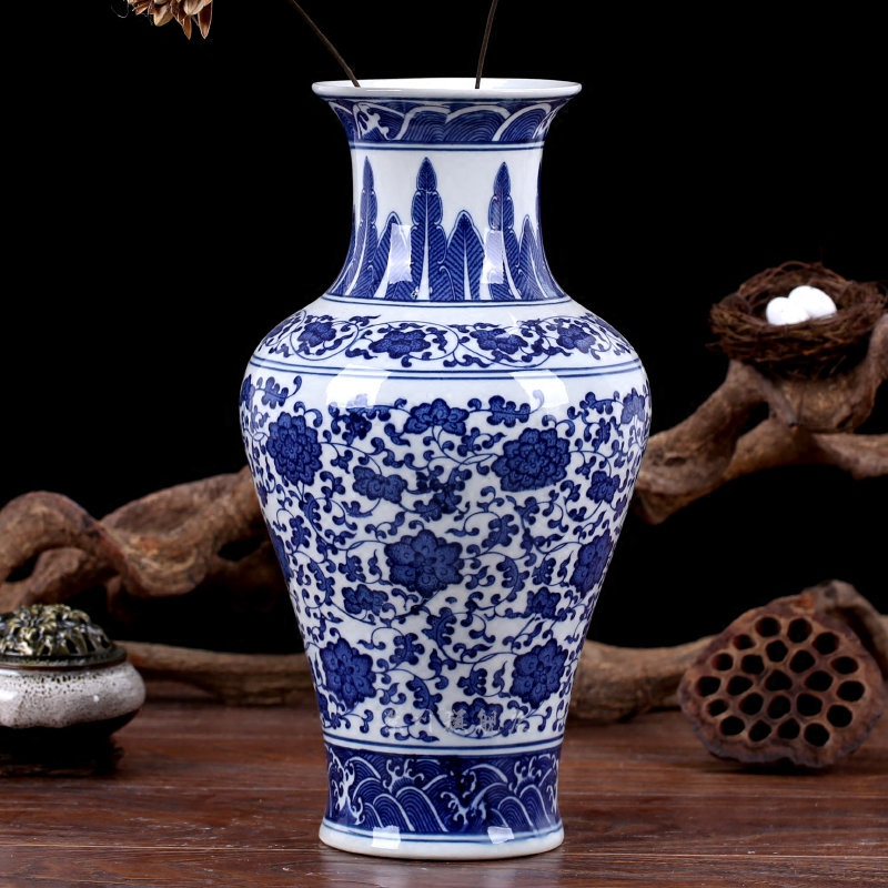 Mesa vase of jingdezhen blue and white ears tie up lotus flower blue and white ceramics modern household decorates sitting room furnishing articles