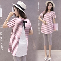 Pregnant Women summer suit fashion model 2021 new T-shirt lace stitching short sleeve top summer two-piece spring