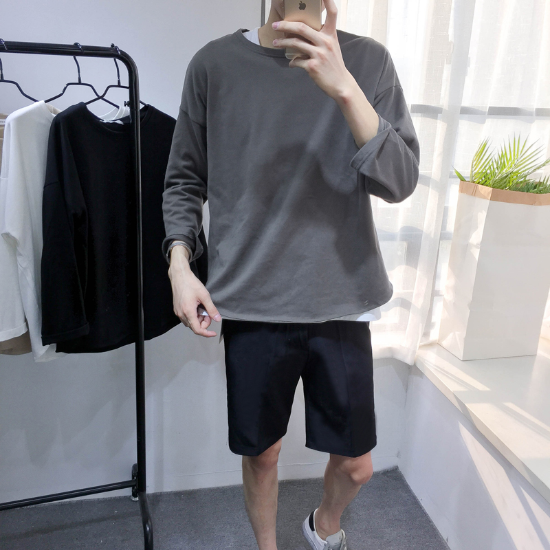 原创青少年百搭长袖落肩t恤秋季潮流男士圆领学生韩版打底体恤衫