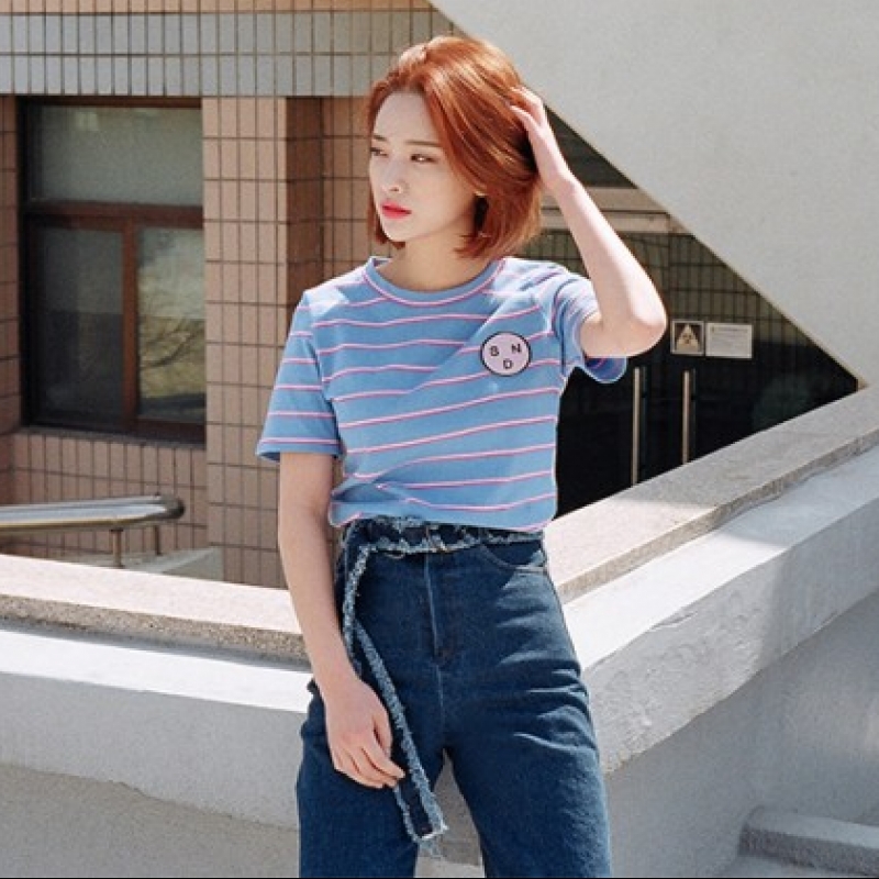 韩国stylenanda官方正品 贴布点缀条纹短袖T恤-蓝色