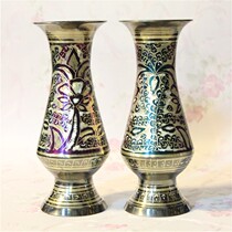 Pakistan handicraft copper carved 8 inch couple fine neck vase home decorated BT 266