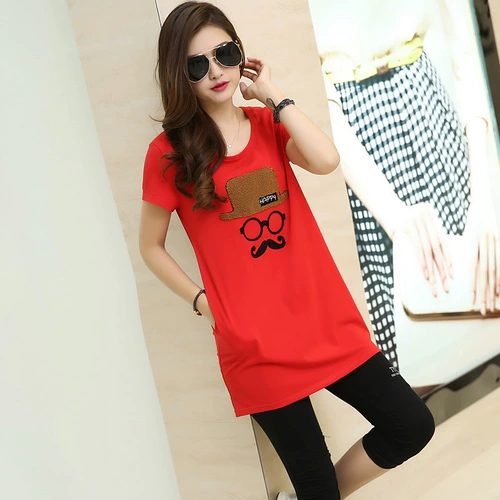 Футболка, летняя одежда, длинный комплект для отдыха, 2020, в корейском стиле, подходит для полных девушек, средней длины, короткий рукав