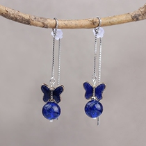 Retro butterfly glazed EAR thread simple temperament tassel earring female sterling silver short jewelry hipster blue earring
