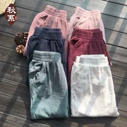 Mùa xuân hè 2018 nguyên bản mới retro cotton và vải lanh rộng quần giản dị nữ thun eo quần harem quần trắng - Quần Harem